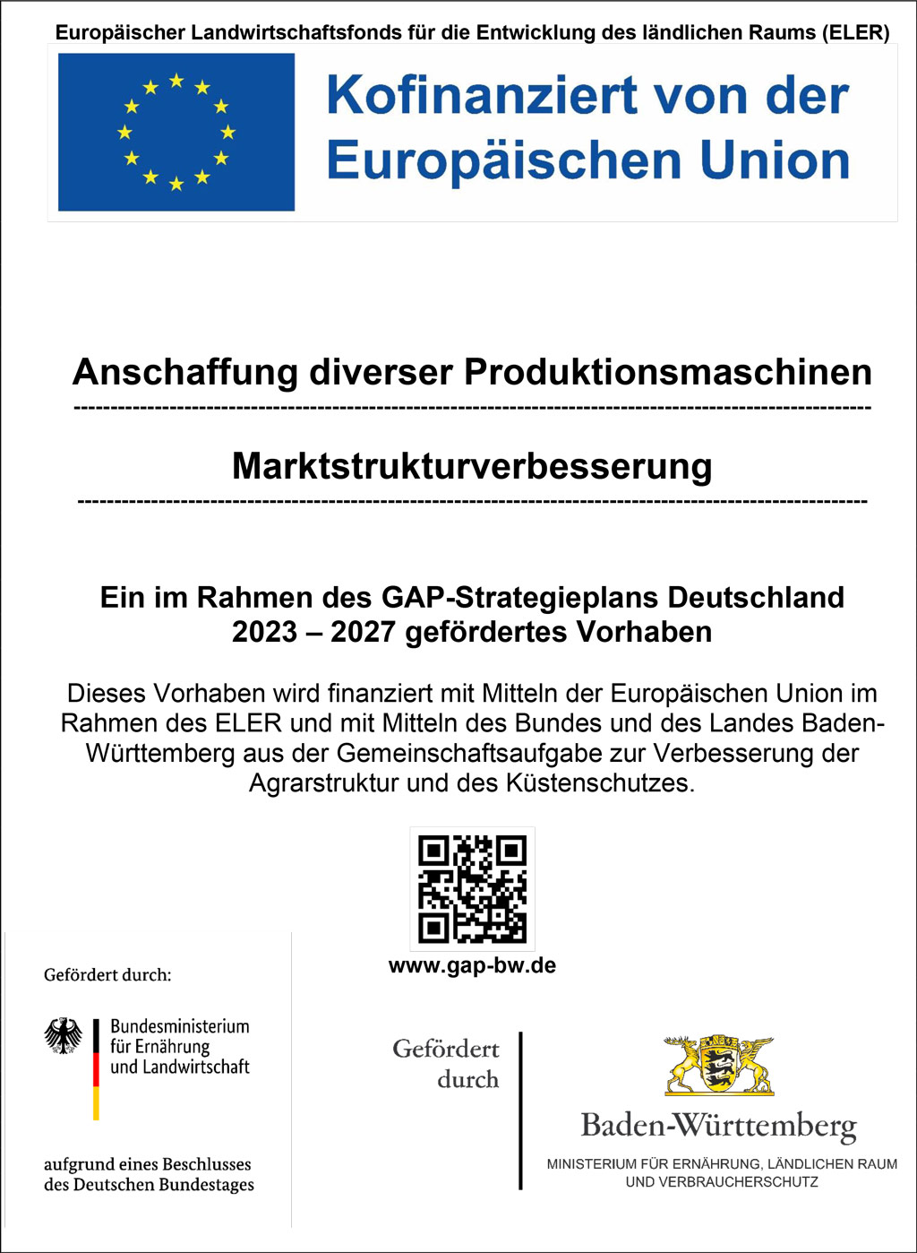 EU-Förderplakat zur Anschaffung diverser Produktionsmaschinen.