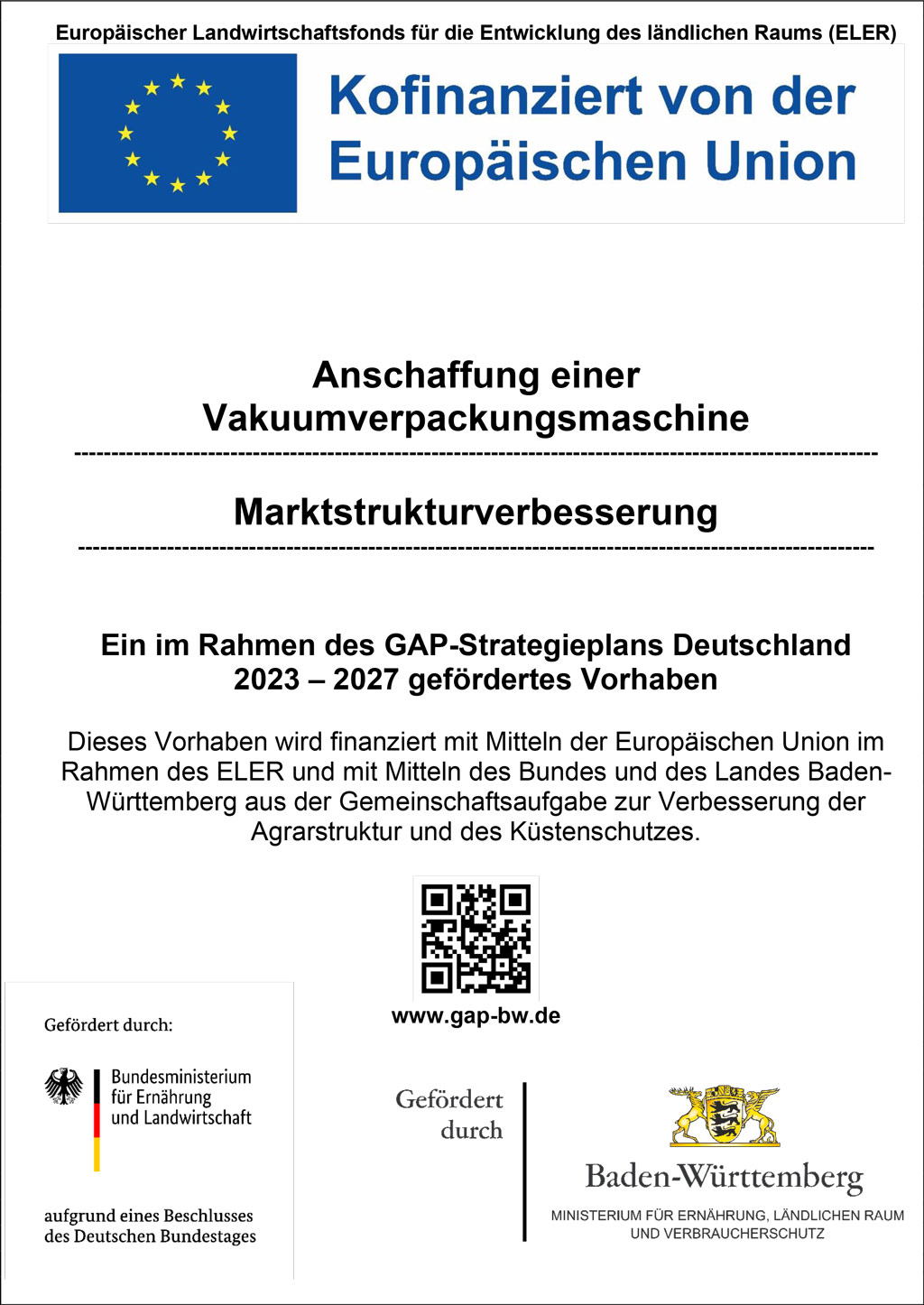 EU-Förderplakat zur Anschaffung einer Vakuumverpackungsmaschine.
