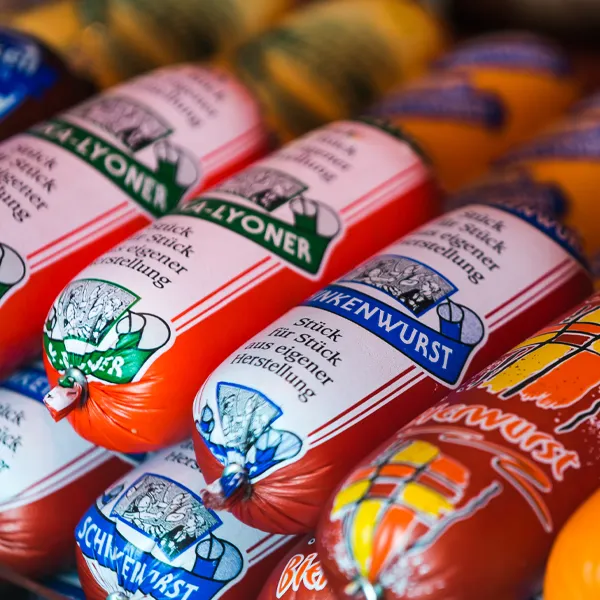 Auswahl verschiedener abgepackter Lyonersorten mit Etiketten.