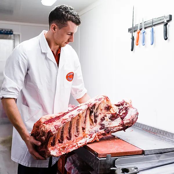 Metzger hebt großen Rinderrippenstrang.